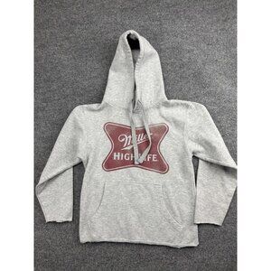 Miller High Life Hoodie Mens S Gray Pullover Graphic Raw Hem Cut Off Beer